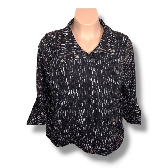 XL Laura Ashley Black White Dot Print Jacket Windbreaker Zip Roll Tab Sleeve - Picture 1 of 16